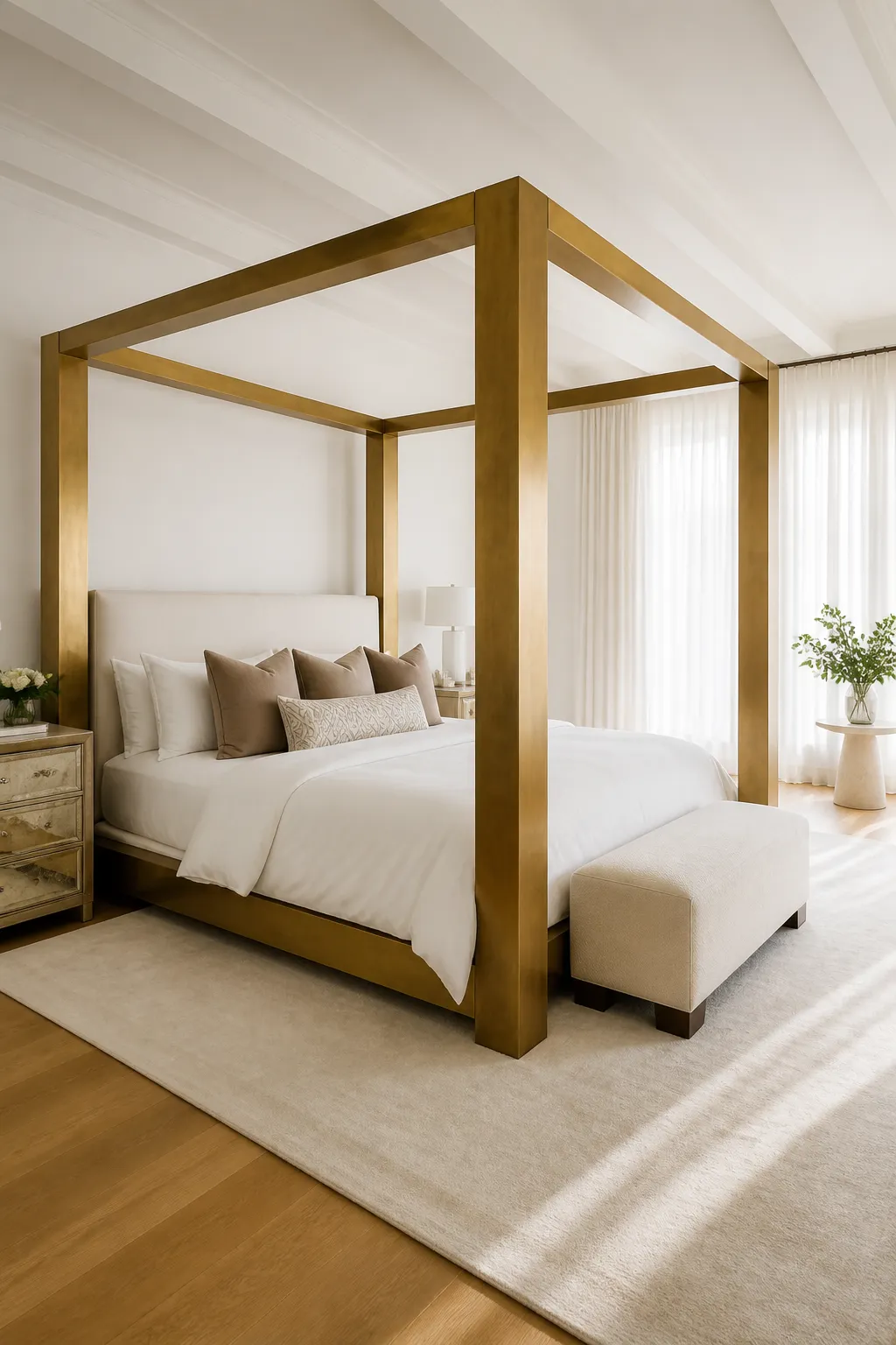 Bright spacious bedroom suite with a minimal gold canopy bed frame