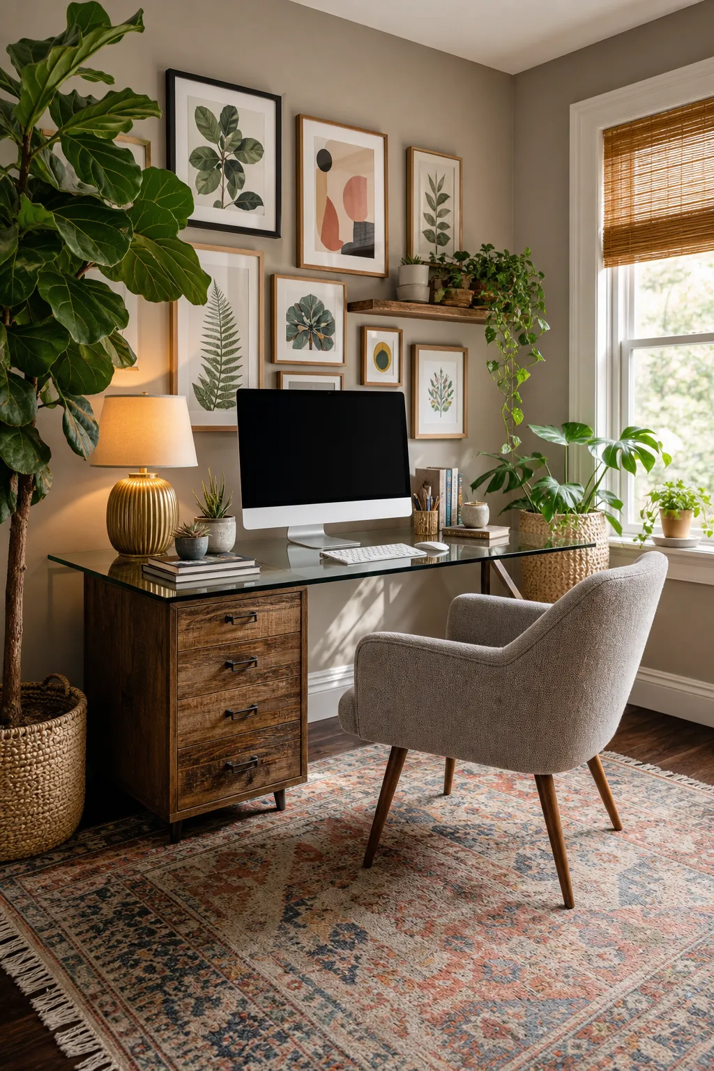Compact home office decorated with leafy plants and a colorful gallery wall