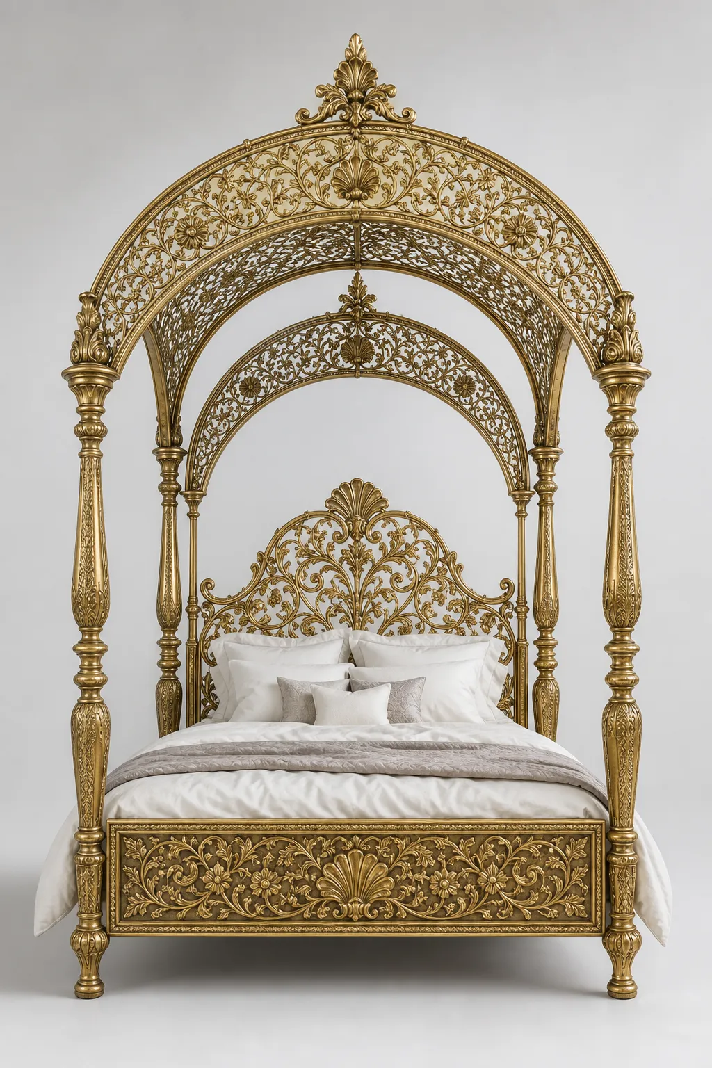 Dreamlike bedroom with fairytale-inspired golden arches framing the bed