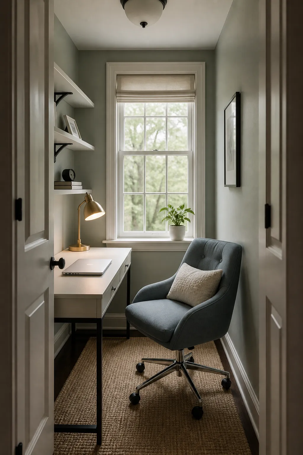 Slim desk and blue office chair fitted neatly into a bright window nook