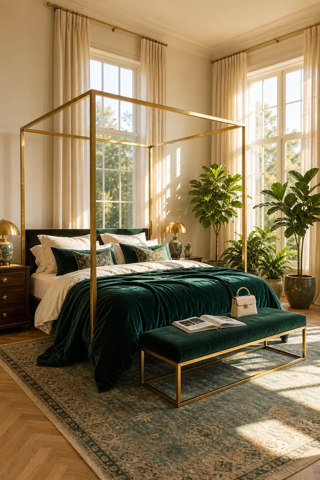 Sleek gold canopy bed set against rich emerald-green bedroom walls