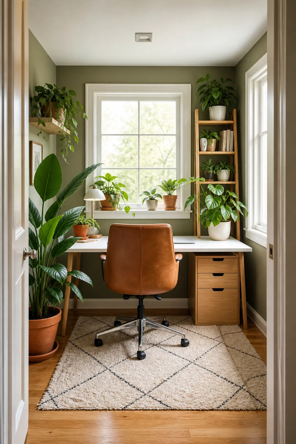 Tiny office alcove with compact desk and space-saving wall-mounted greenery