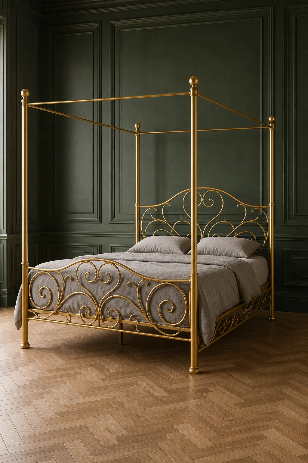 Vintage gold scrollwork bed in a sophisticated green paneled bedroom