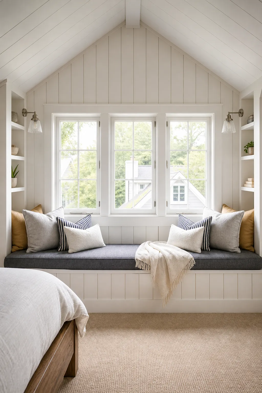 Bright attic window seat framed by white built-in bookshelves