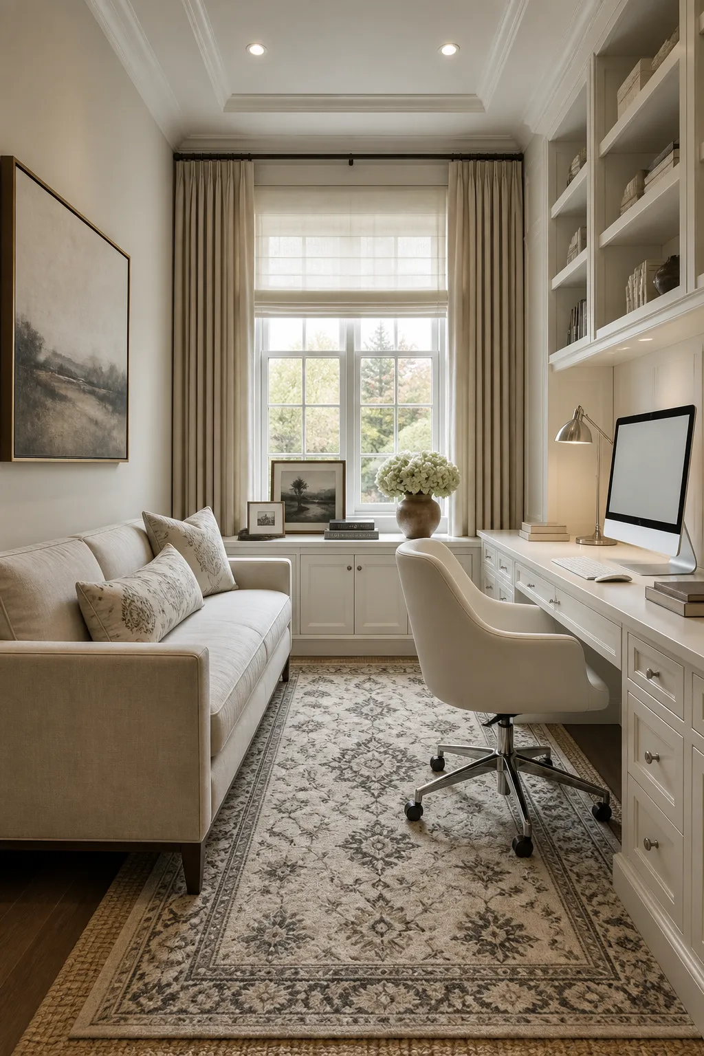 Home office with built-in shelving, a practical desk, and a cozy sofa