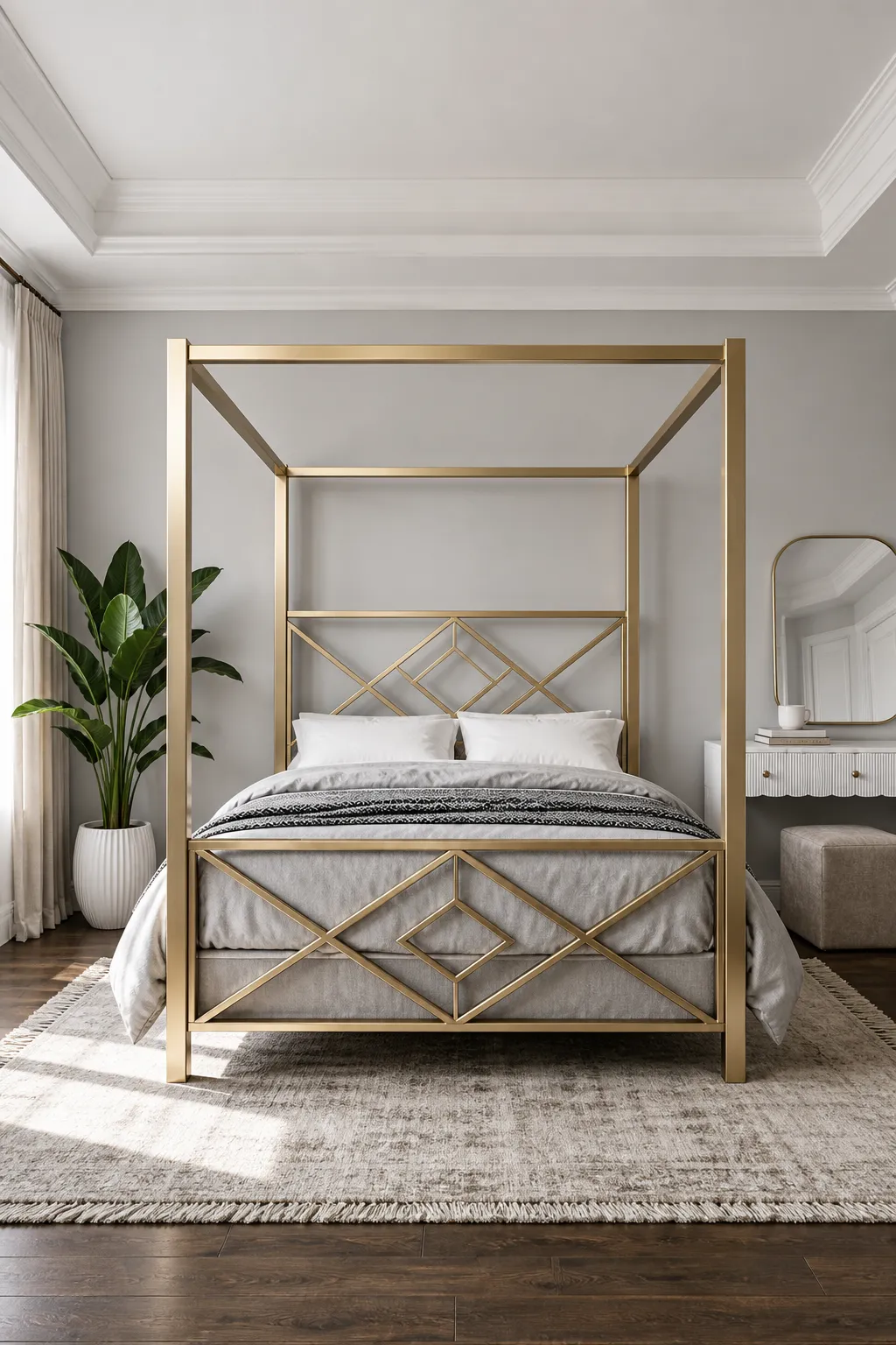 Modern gold canopy bed softened by layered gray bedding and neutral decor
