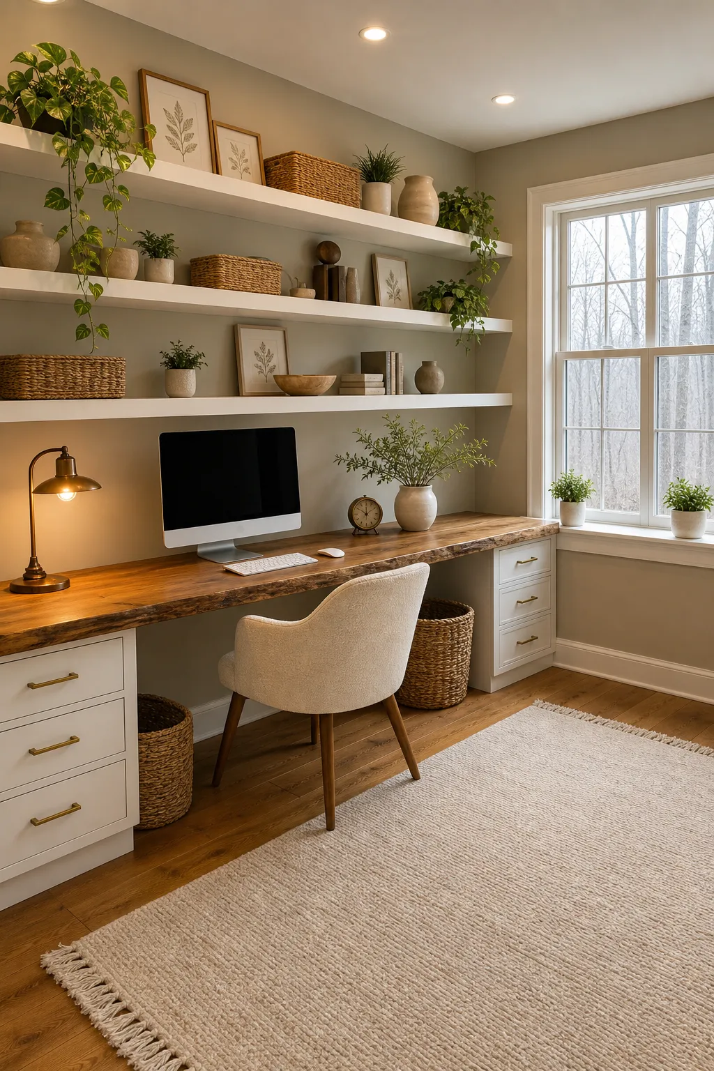 Compact workspace featuring warm wood finishes and streamlined floating shelves