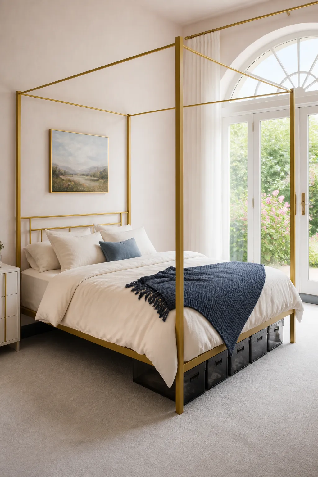 Minimal gold canopy bed positioned beside glazed doors overlooking a garden