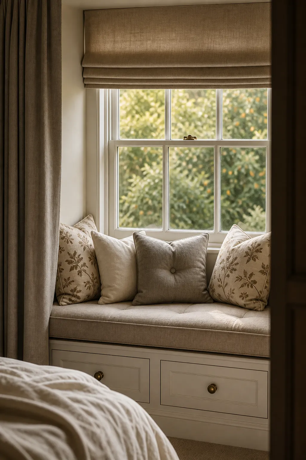 Neutral bedroom window seat with concealed storage beneath the cushion