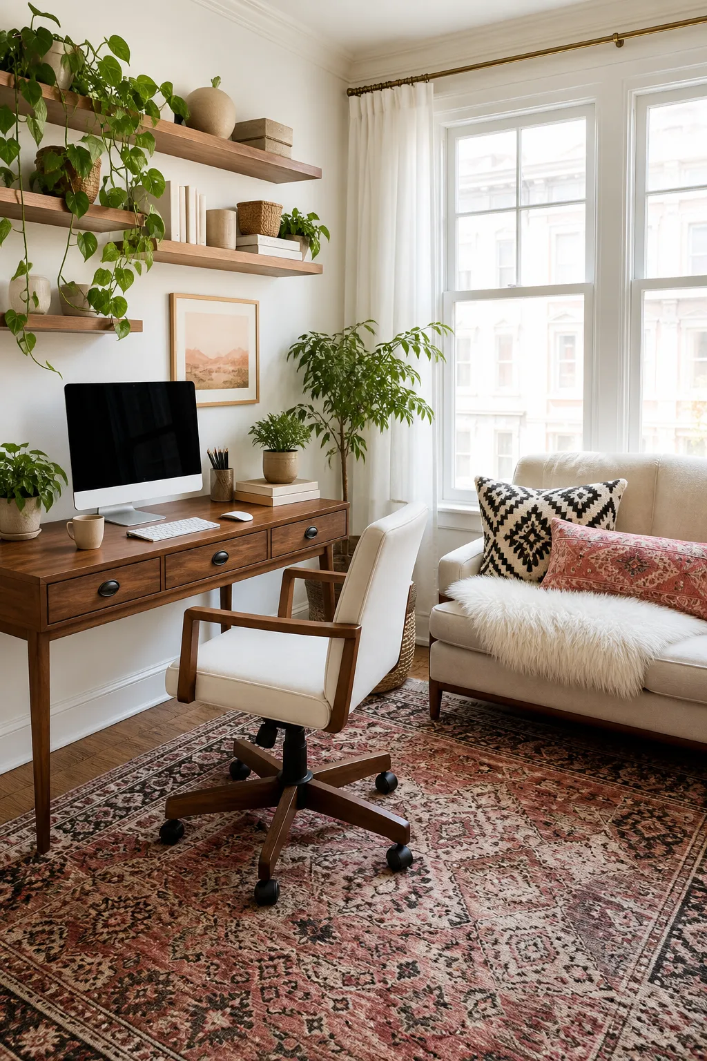 Bohemian home office paired with a sunlit reading nook and layered textiles