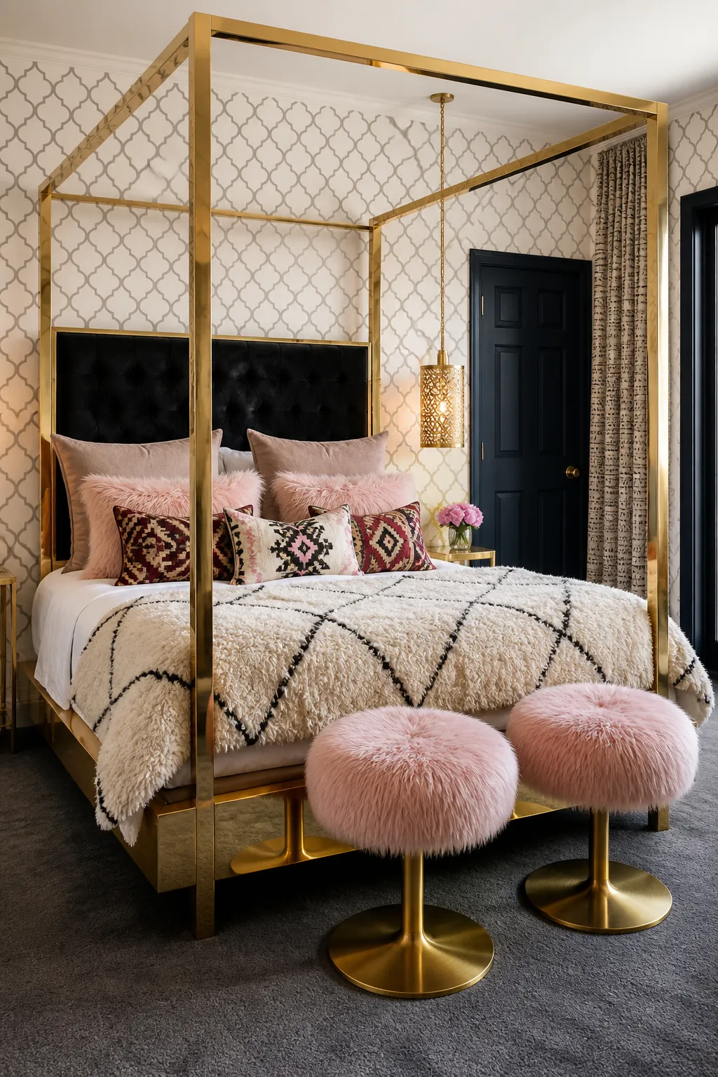 Blush boudoir bedroom with a gold bed and glamorous patterned textiles