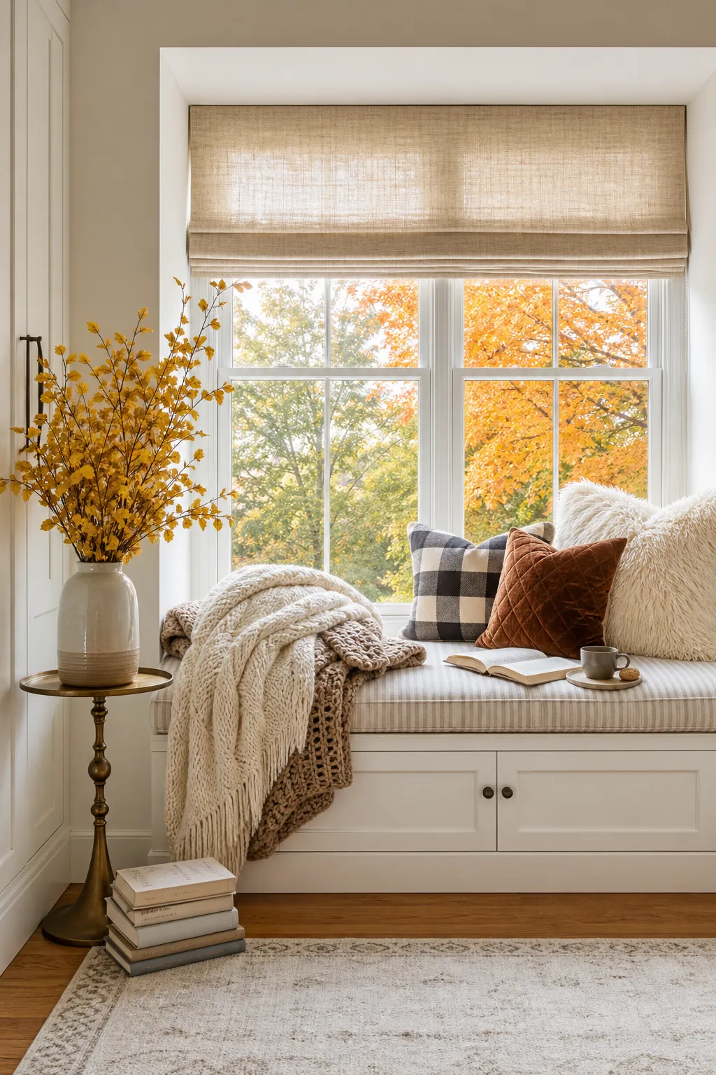 Modern window seat with built-in drawers and warm autumn accessories