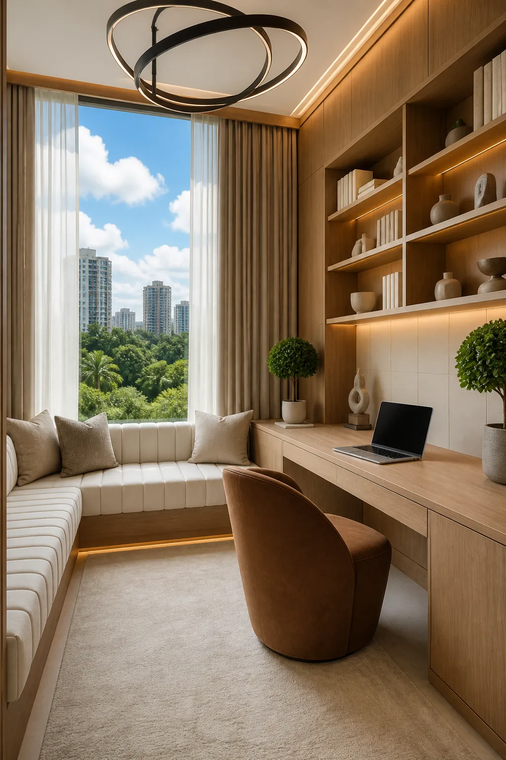 Warm wood desk integrated beside a window seat in a compact home office