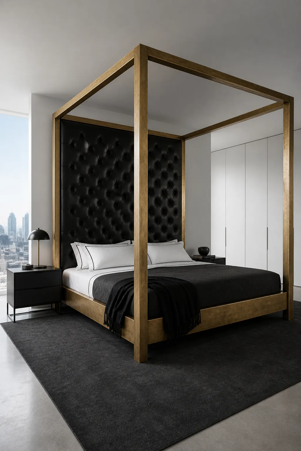 Gold canopy bed anchored by a towering black upholstered headboard