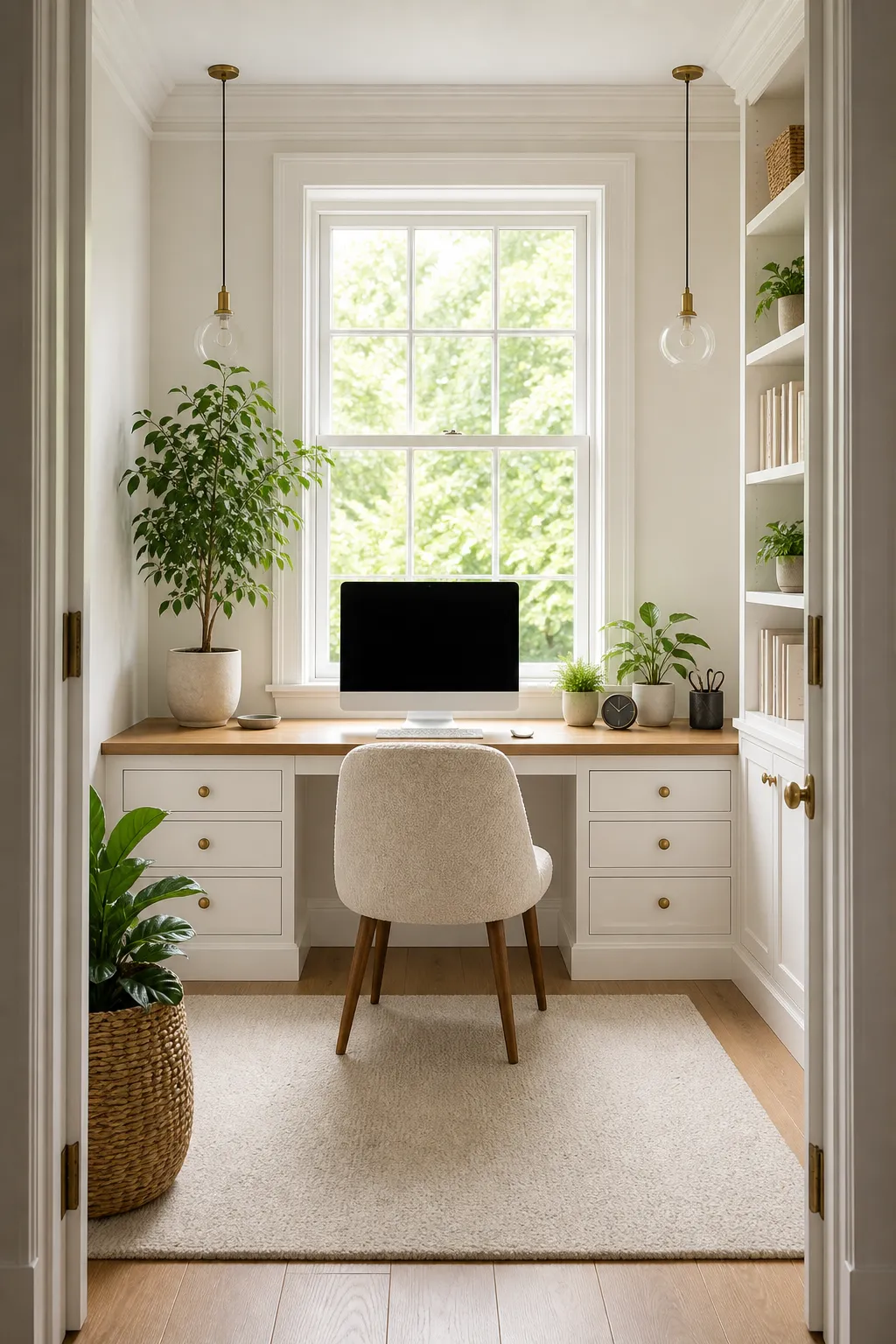 Sunny home office desk framed by crisp white built-in cabinets and shelves