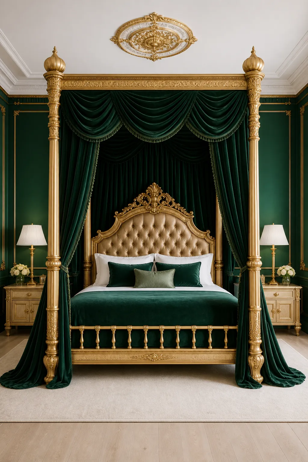 Ornate gold canopy bed enclosed by emerald velvet drapes in a regal bedroom