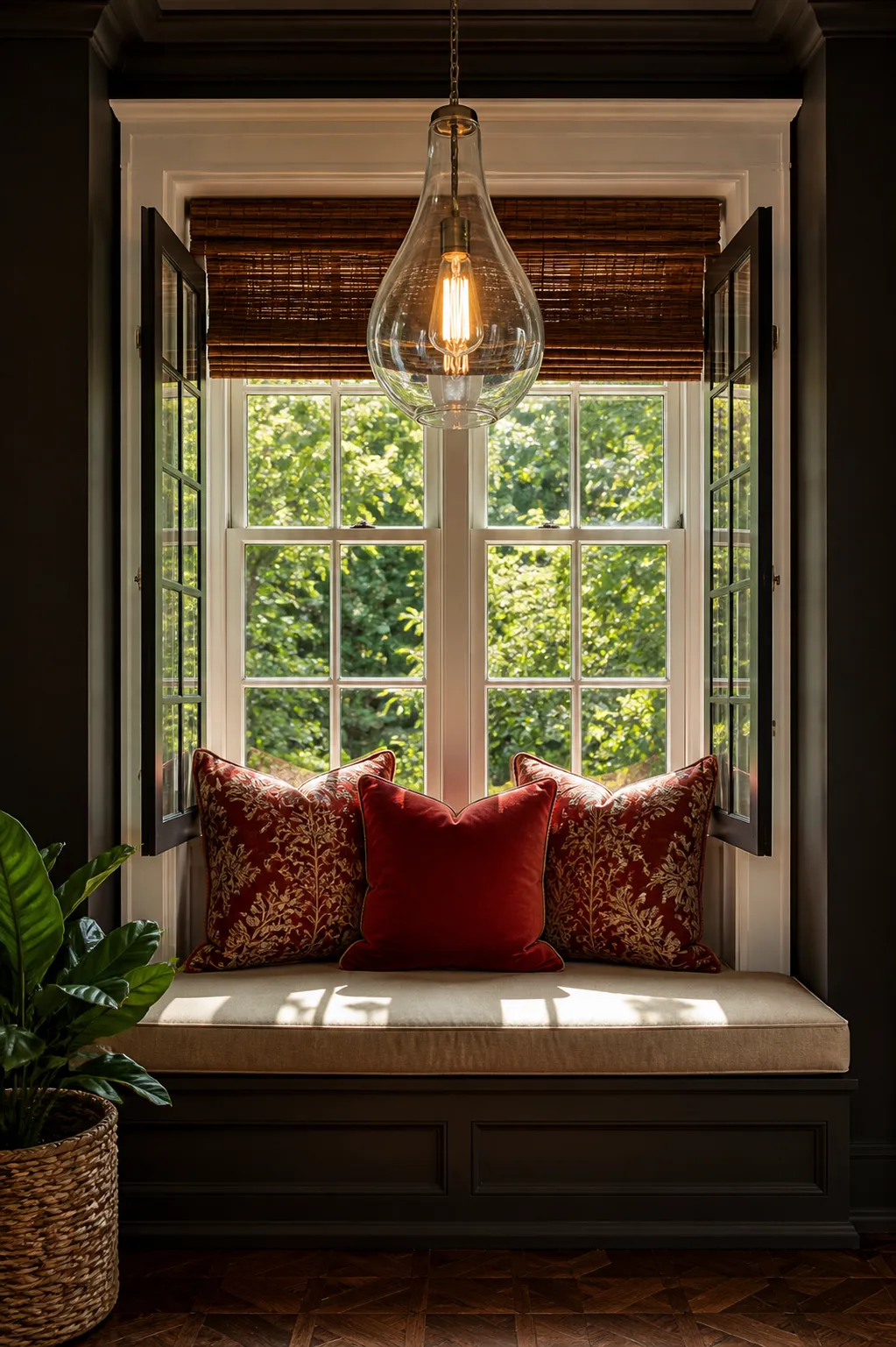 Bay window seat styled with deep red cushions and autumn textiles