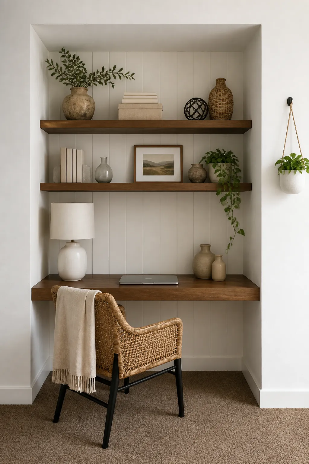 Recessed home office nook fitted with a compact desk and natural wood shelves