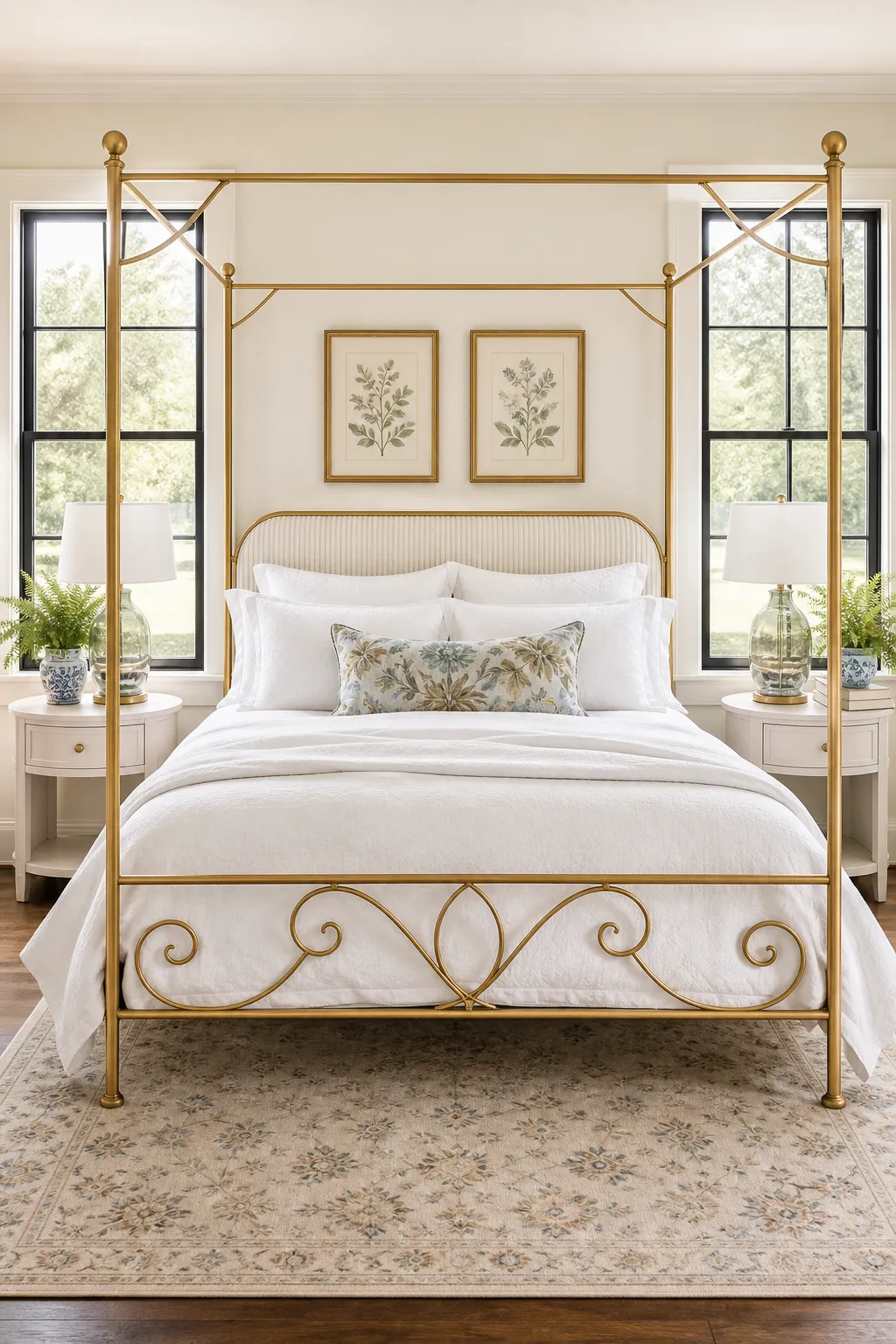 Slim gold metal bed frame surrounded by botanical wallpaper and fresh greenery