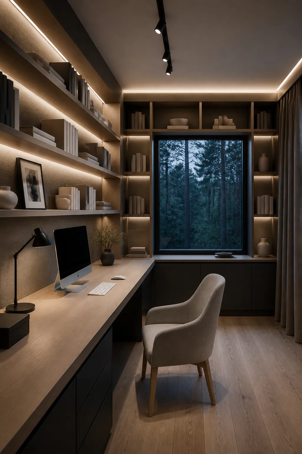 Moody dark-toned home office with a dramatic wall-to-wall library