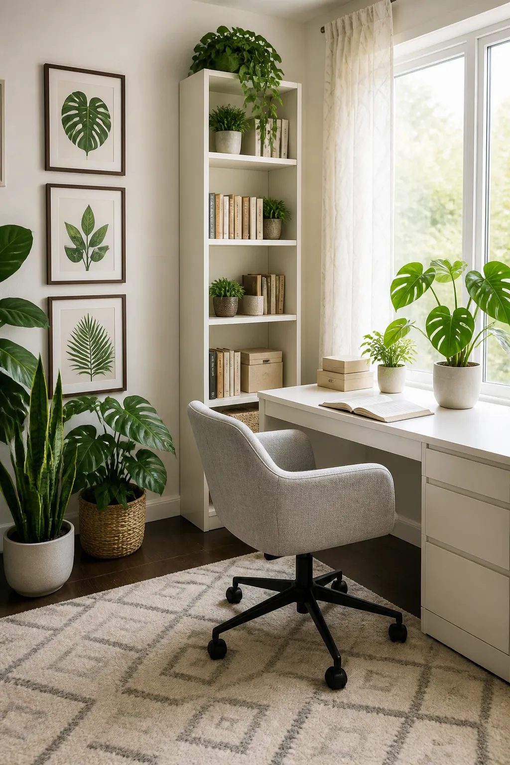 Window-side home office balanced with books, green plants, and abundant natural light