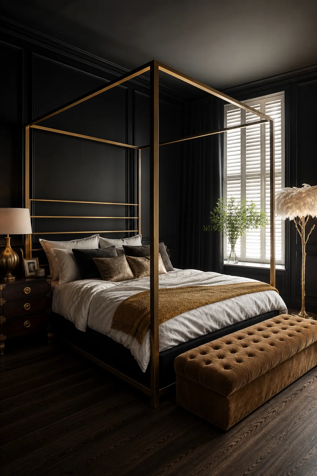 Gleaming gold bed frame set against moody black bedroom walls