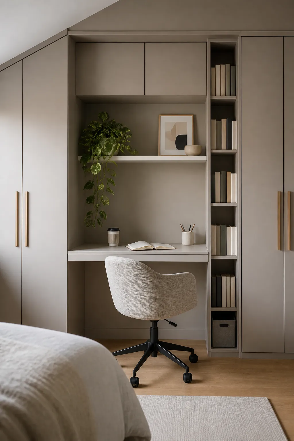 Compact bedroom desk fitted between two full-height wardrobes