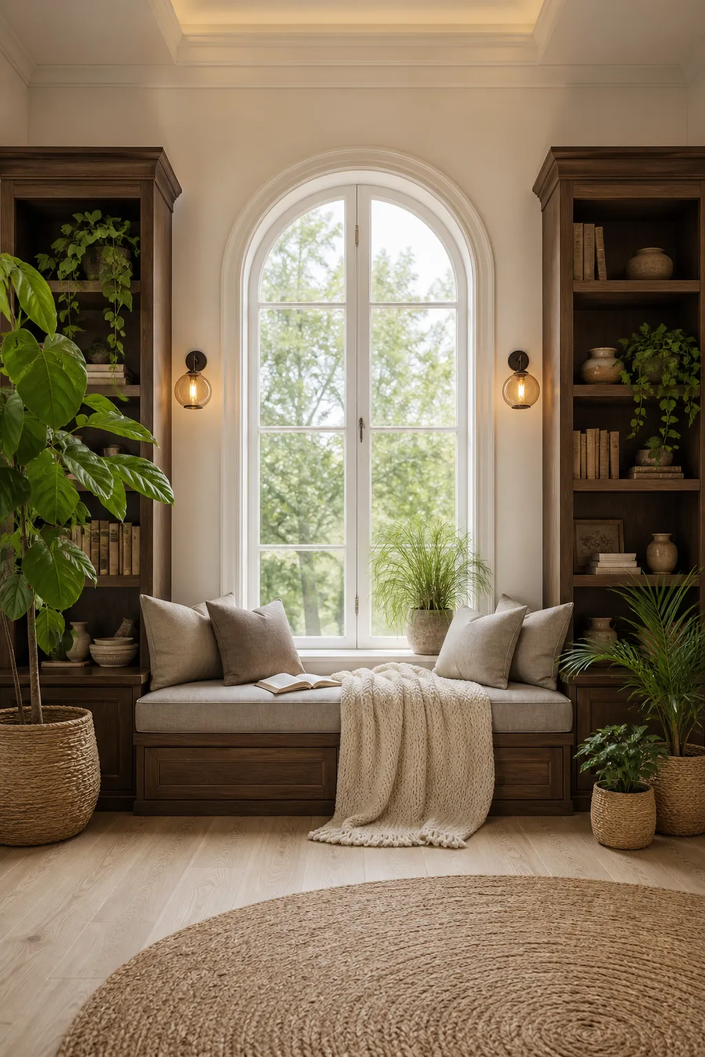 Arched window reading nook surrounded by bookshelves and houseplants