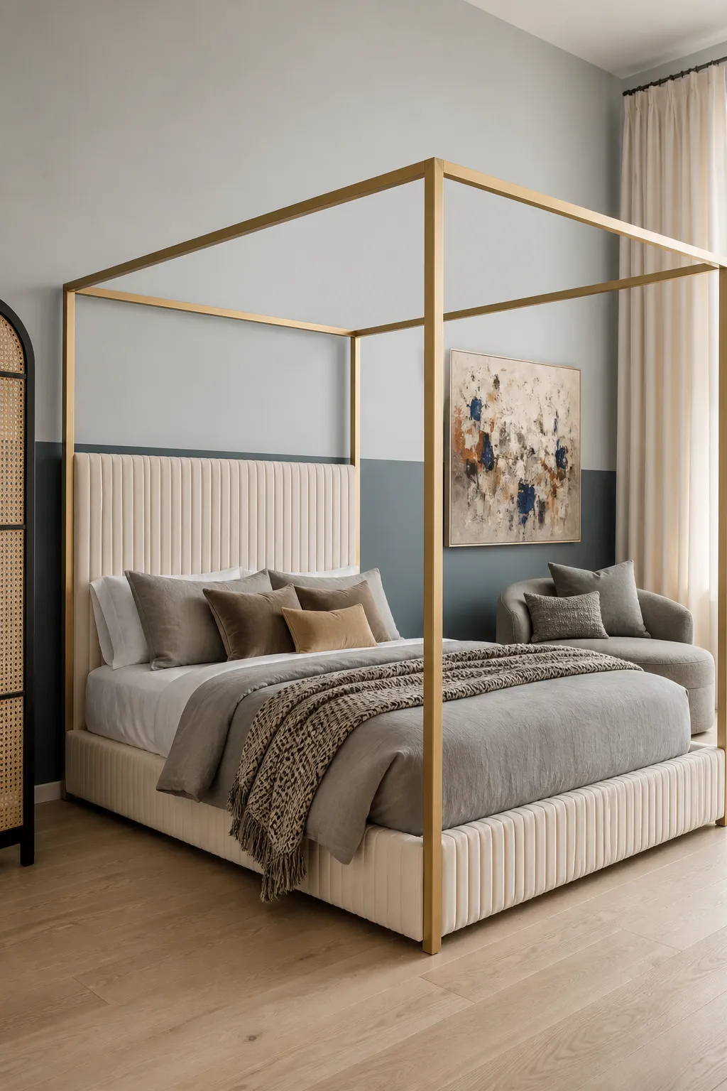 Gold bed layered with beige linens and warm neutral textures in a cozy bedroom