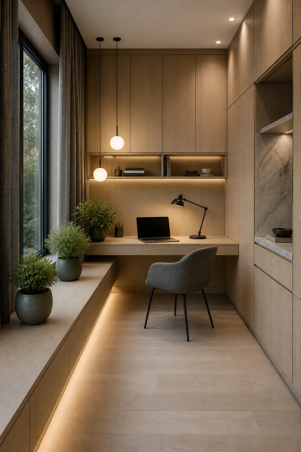 Small home office with refined wood cabinetry and a cushioned window seat