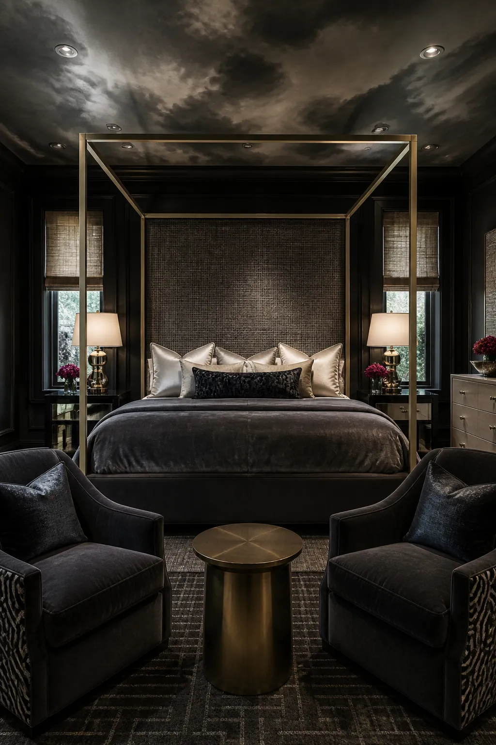 Tall gold canopy bed contrasting with dramatic charcoal bedroom walls