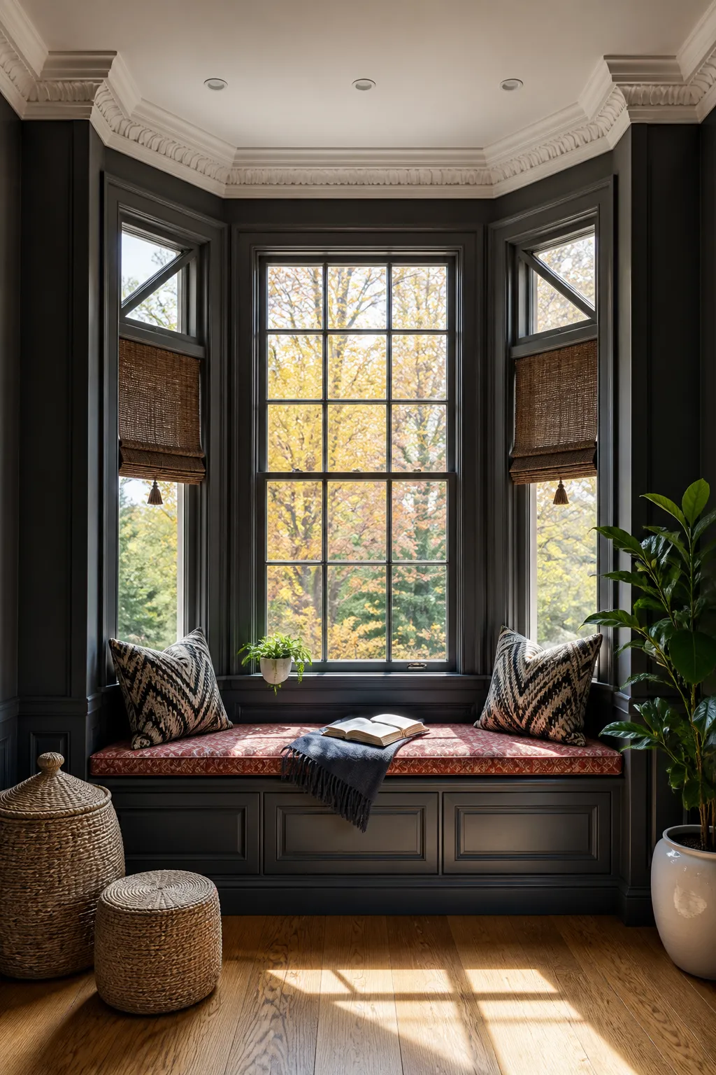 Moody bay-window reading nook framed by charcoal painted millwork