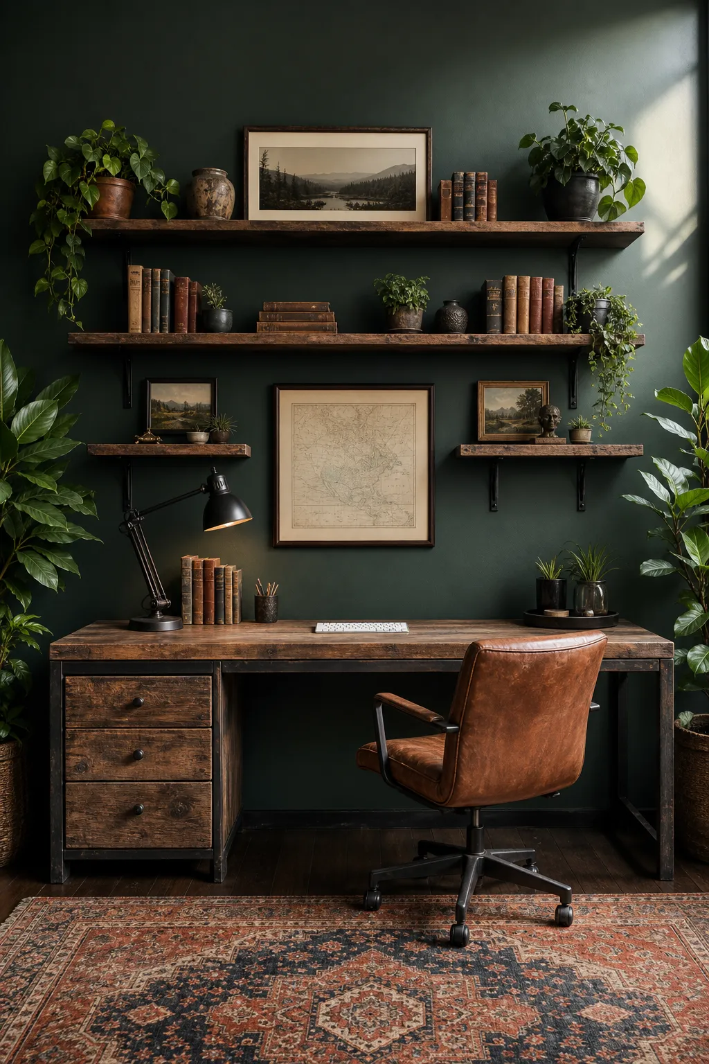 Deep green home office with rustic wood and industrial metal accents