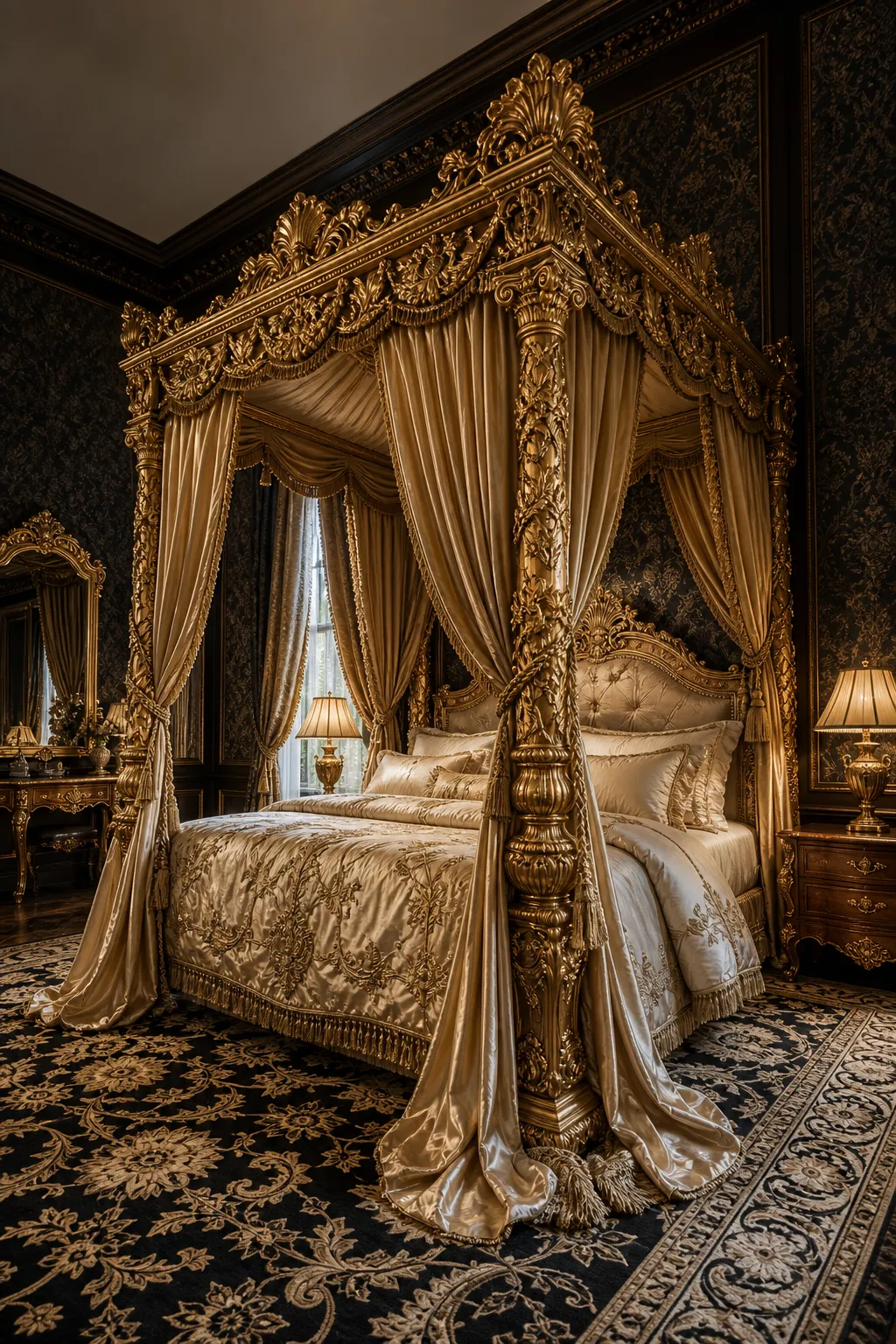 Elaborately carved Baroque gold bed surrounded by ornate bedroom details