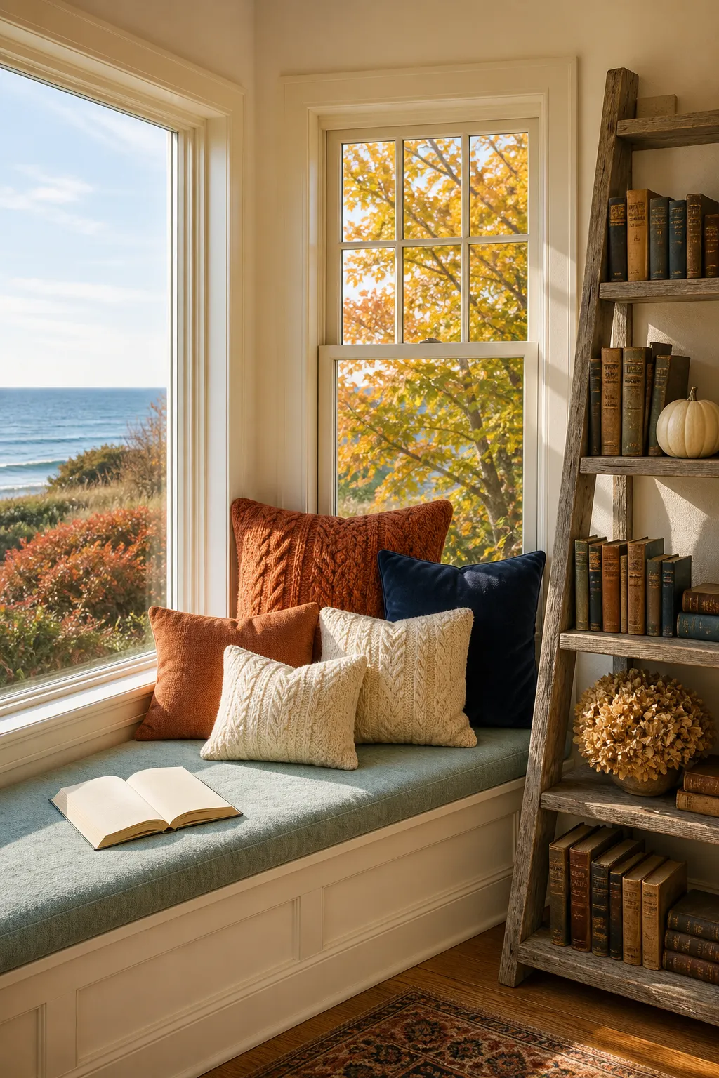 Coastal window seat layered with autumn-toned woven textures