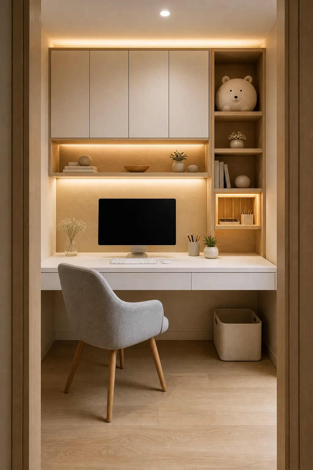 Warm-toned built-in office combining a desk with surrounding storage