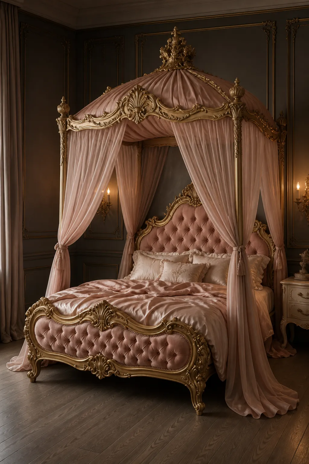 Rococo gold bed styled with blush pink linens in a romantic bedroom