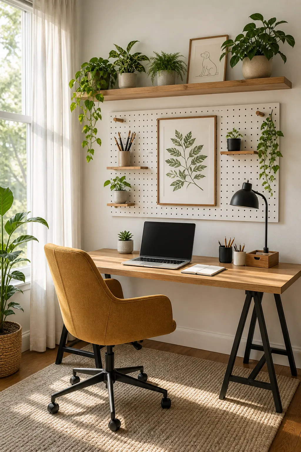 Bright compact office with a wall-mounted pegboard above the desk