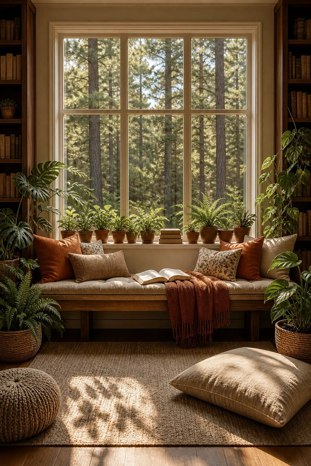 Woodland-inspired home library window seat surrounded by green plants
