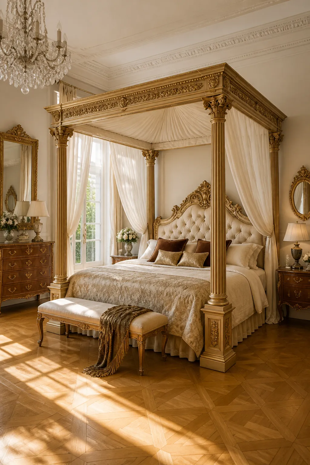 Antique gold bed glowing in a spacious sunlit bedroom suite