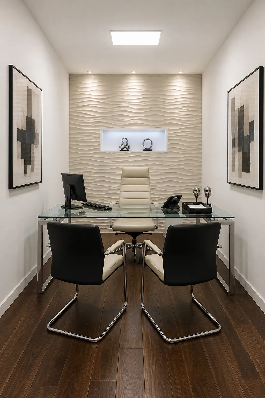 Narrow home office with streamlined dark cabinetry and executive styling