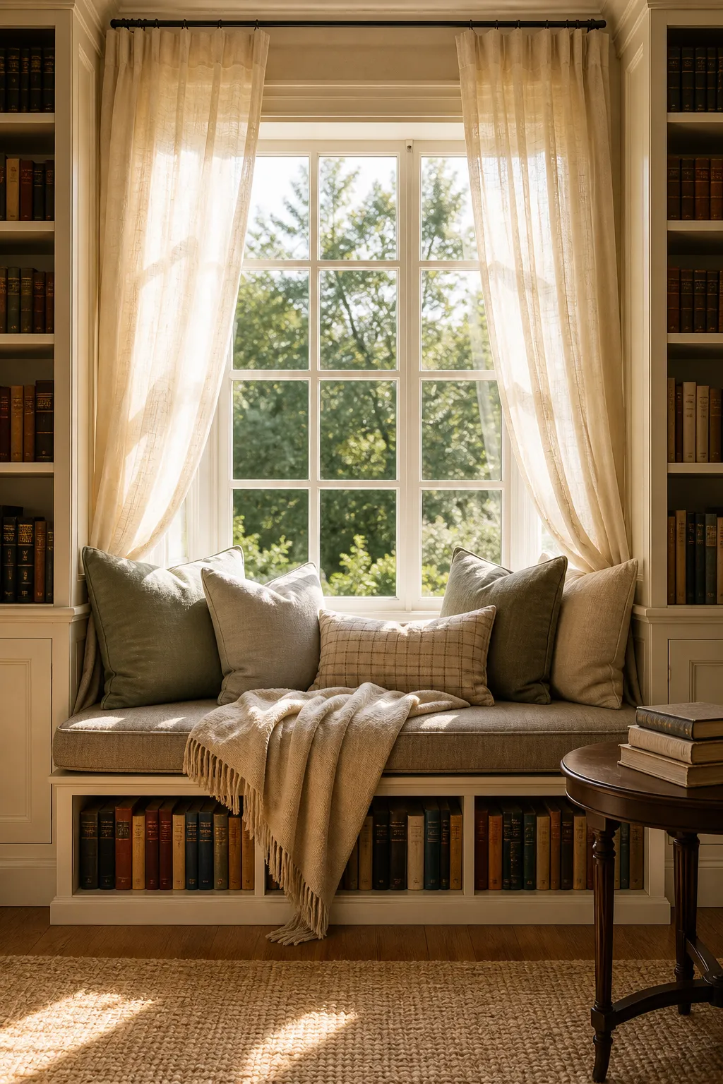 Window reading seat with airy linen curtains between built-in bookshelves