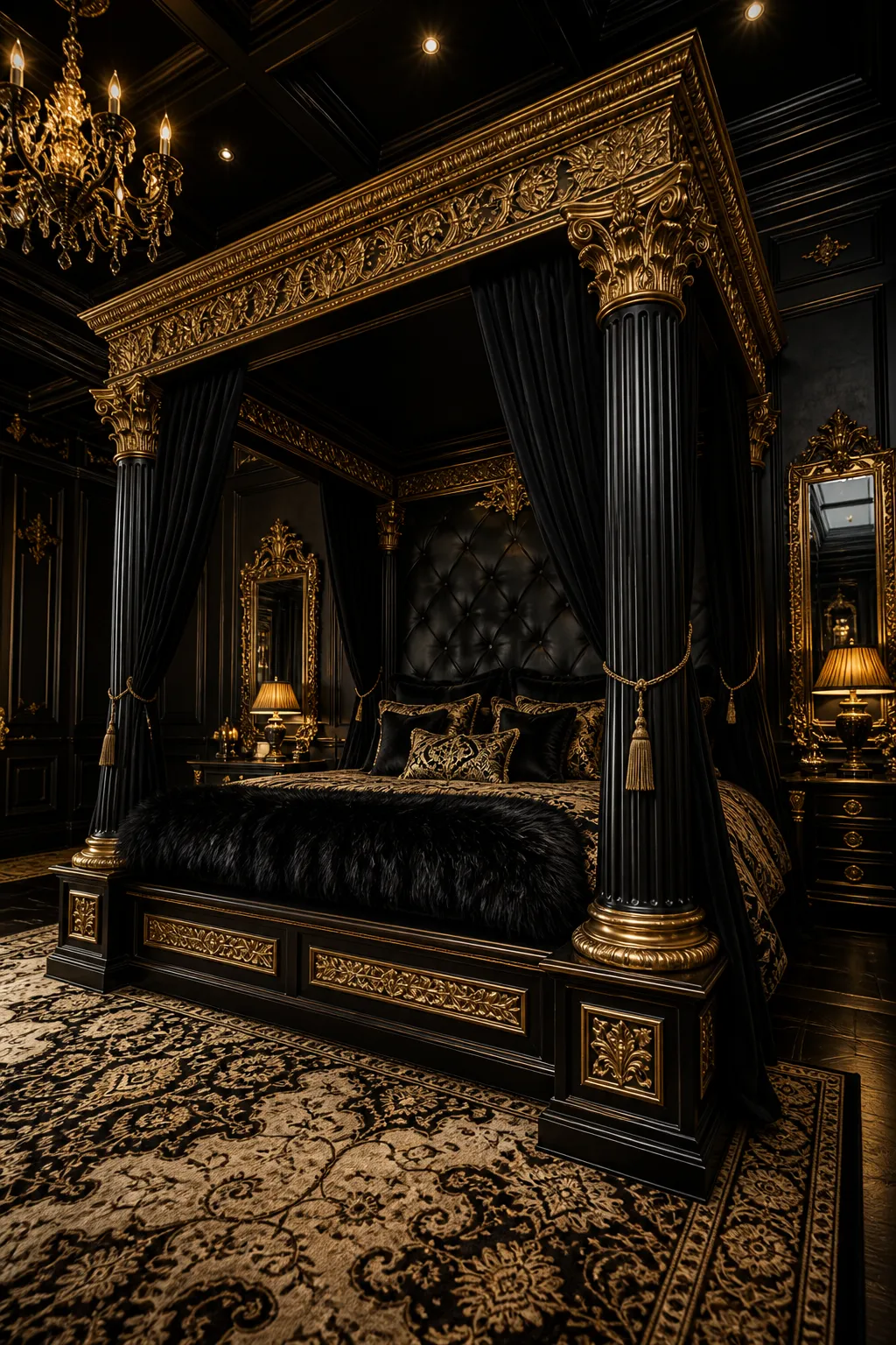 Black-and-gold canopy bed styled in a dark luxurious bedroom