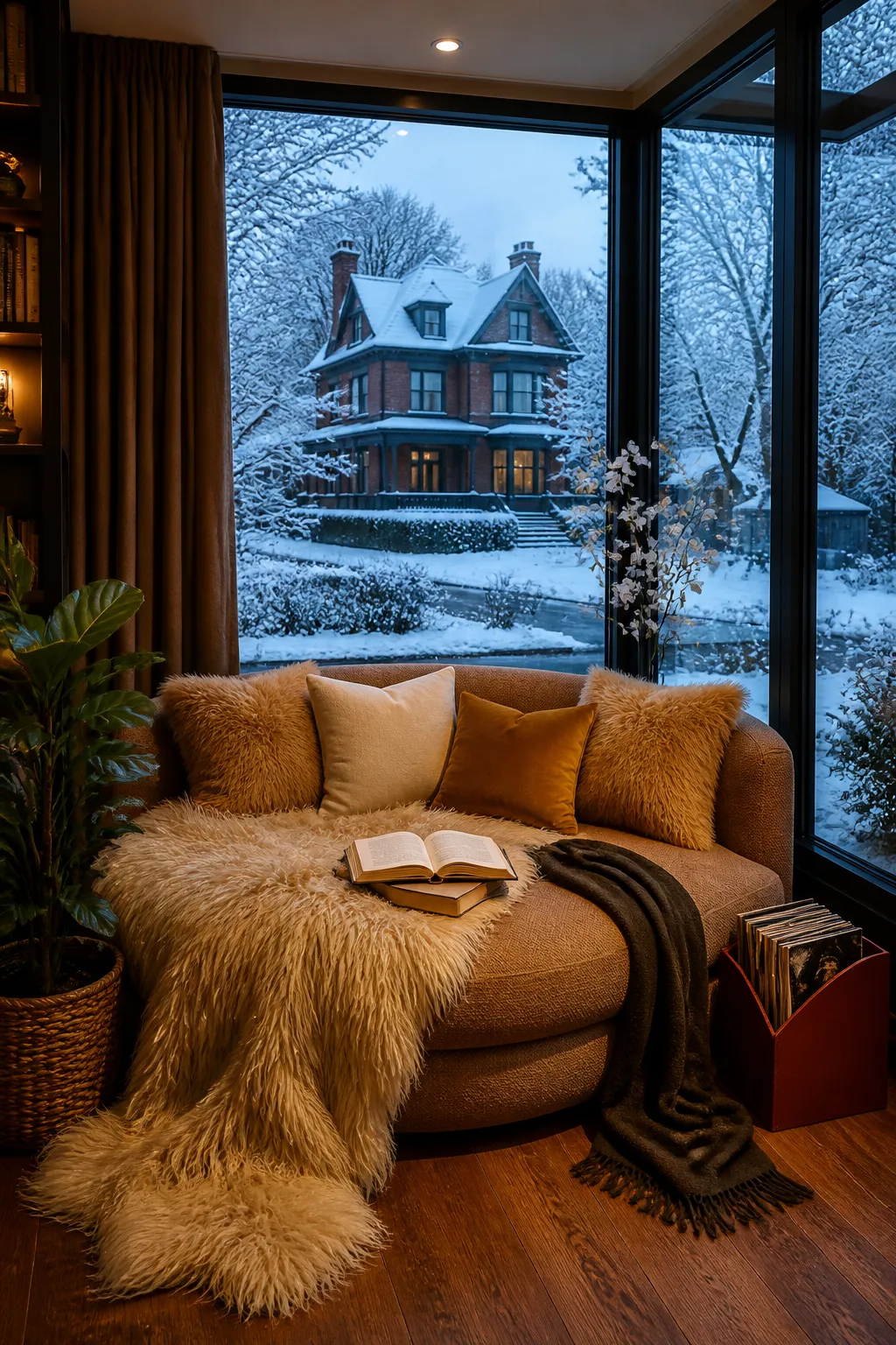 Dreamy cushioned window seat overlooking a snowy winter landscape