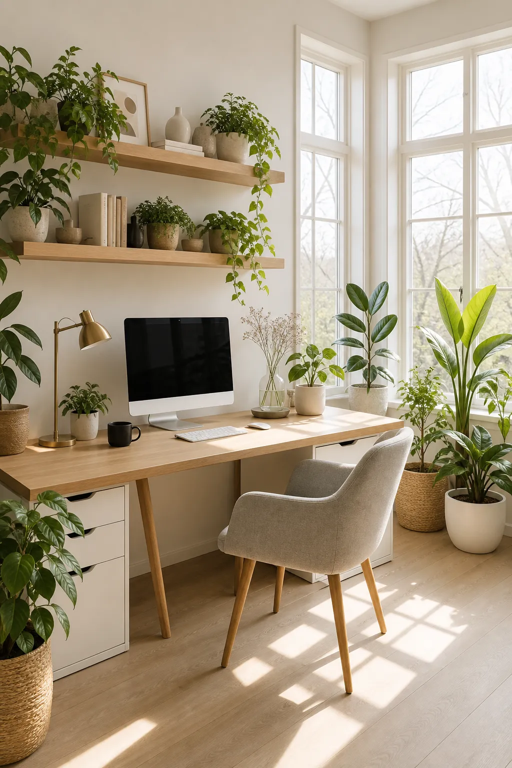 Sunlit home workspace surrounded by lush indoor plants