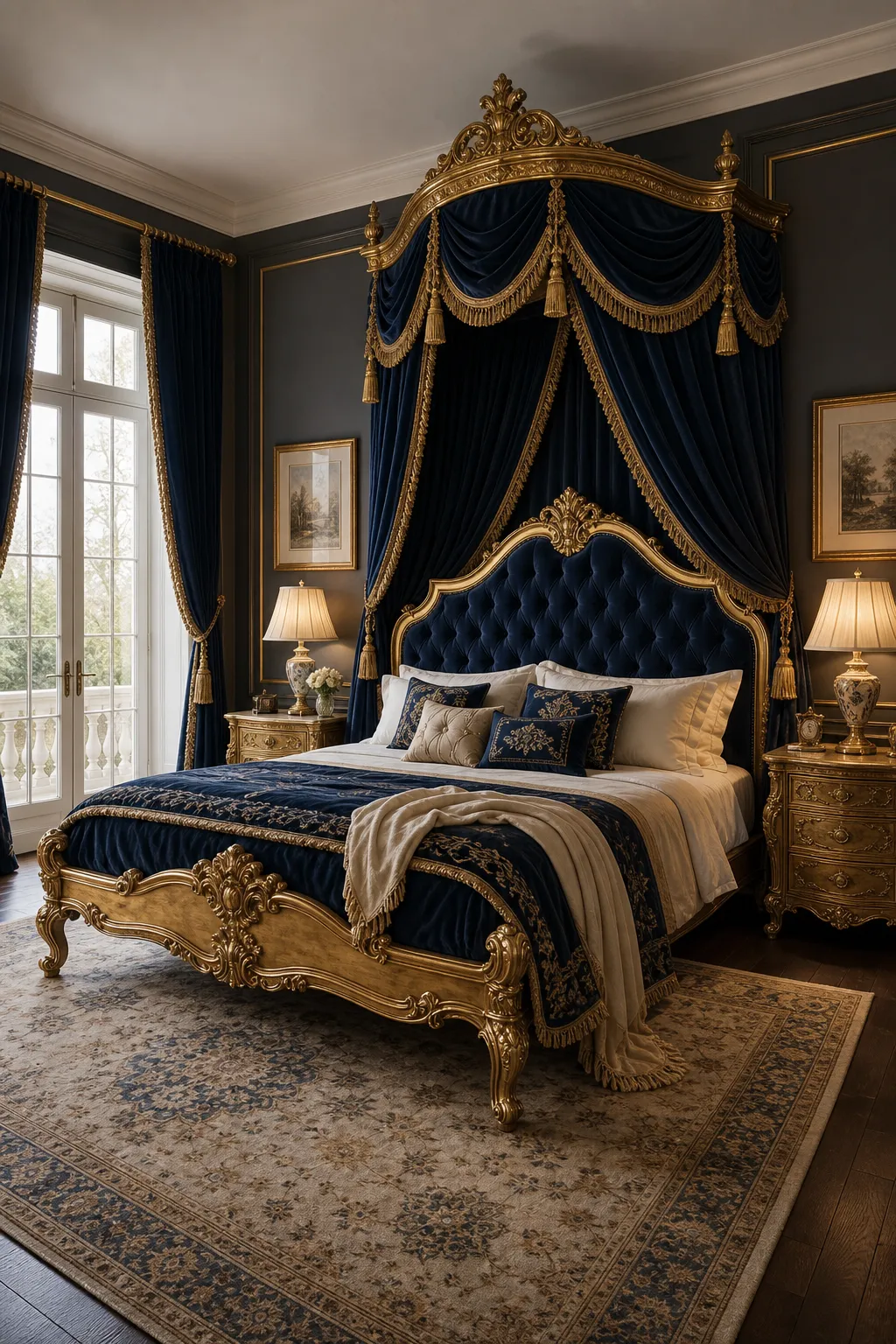 Classic gold bed frame paired with navy blue walls and elegant bedding