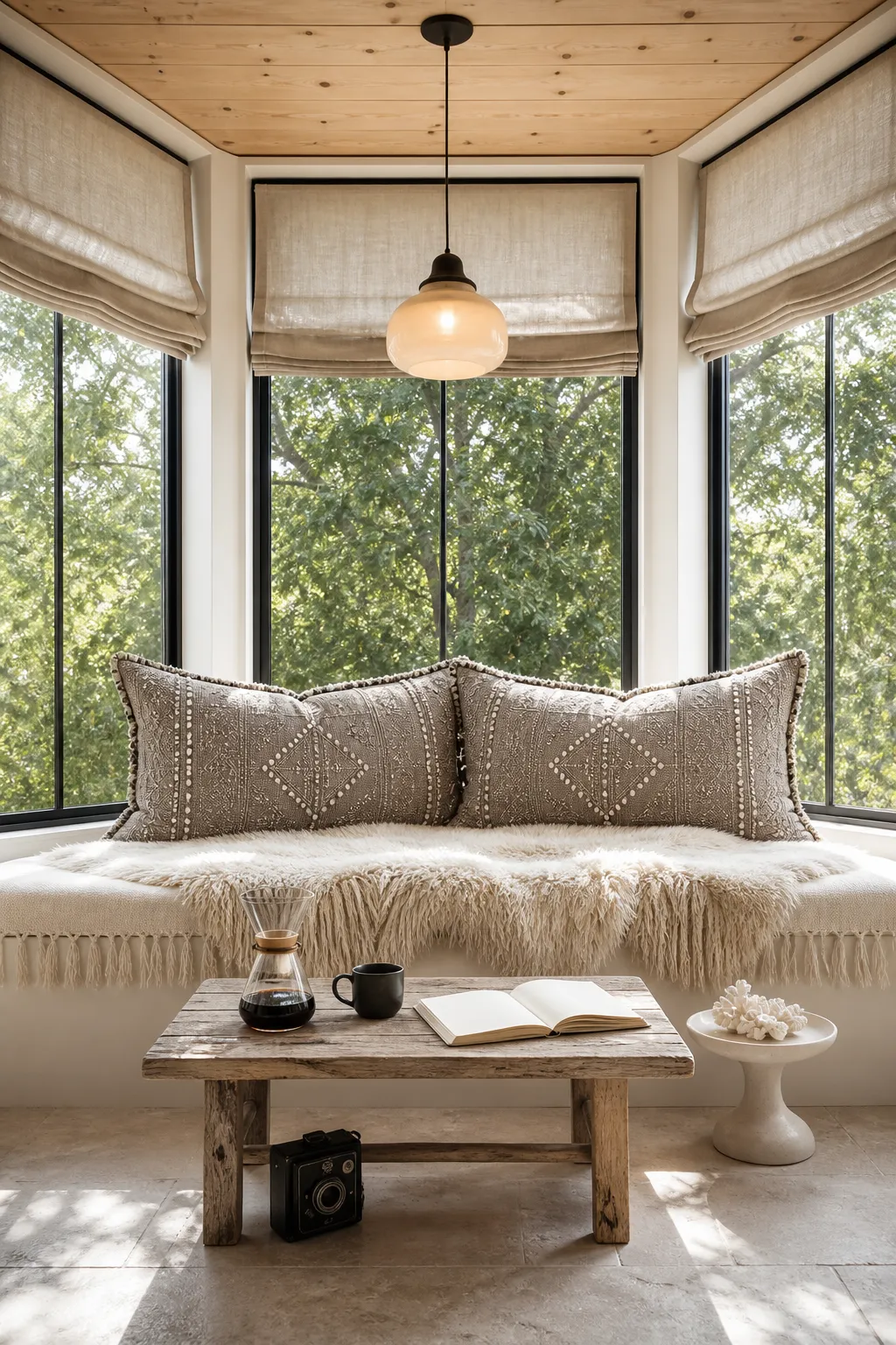 Bohemian bay-window seat layered with relaxed cushions and natural textures
