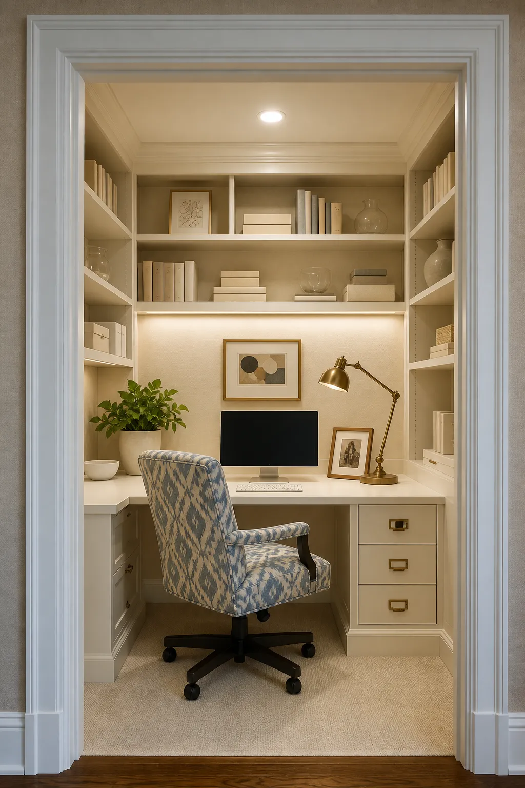 Elegant compact office concealed inside a fitted closet