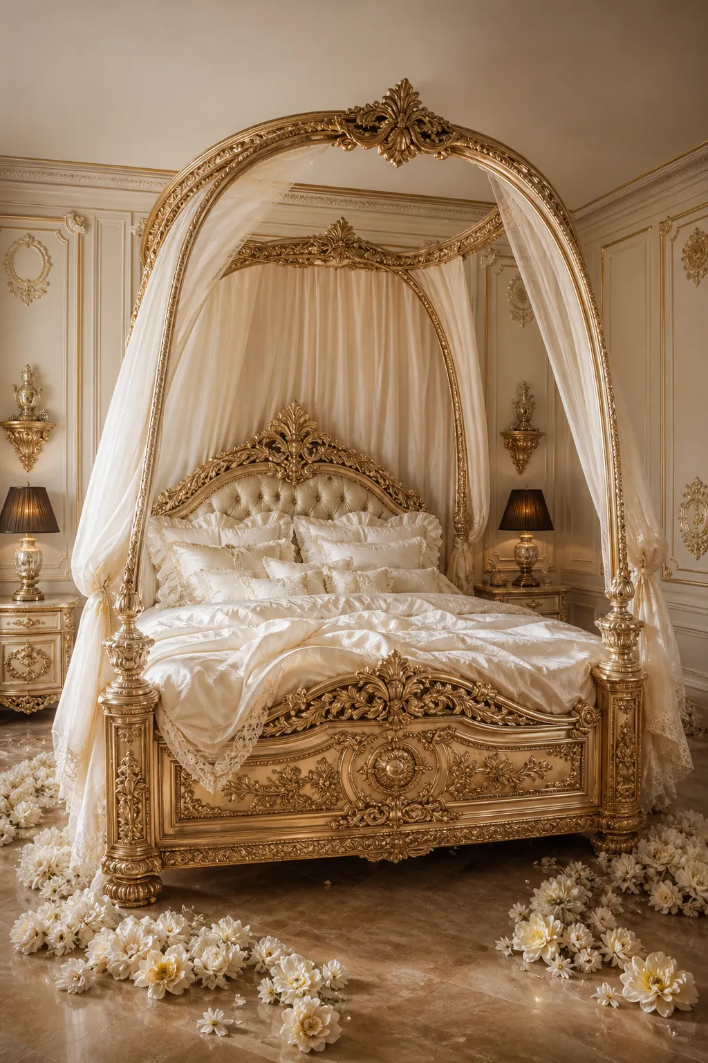 Ornate gold bed surrounded by ivory furnishings in a palace-inspired bedroom
