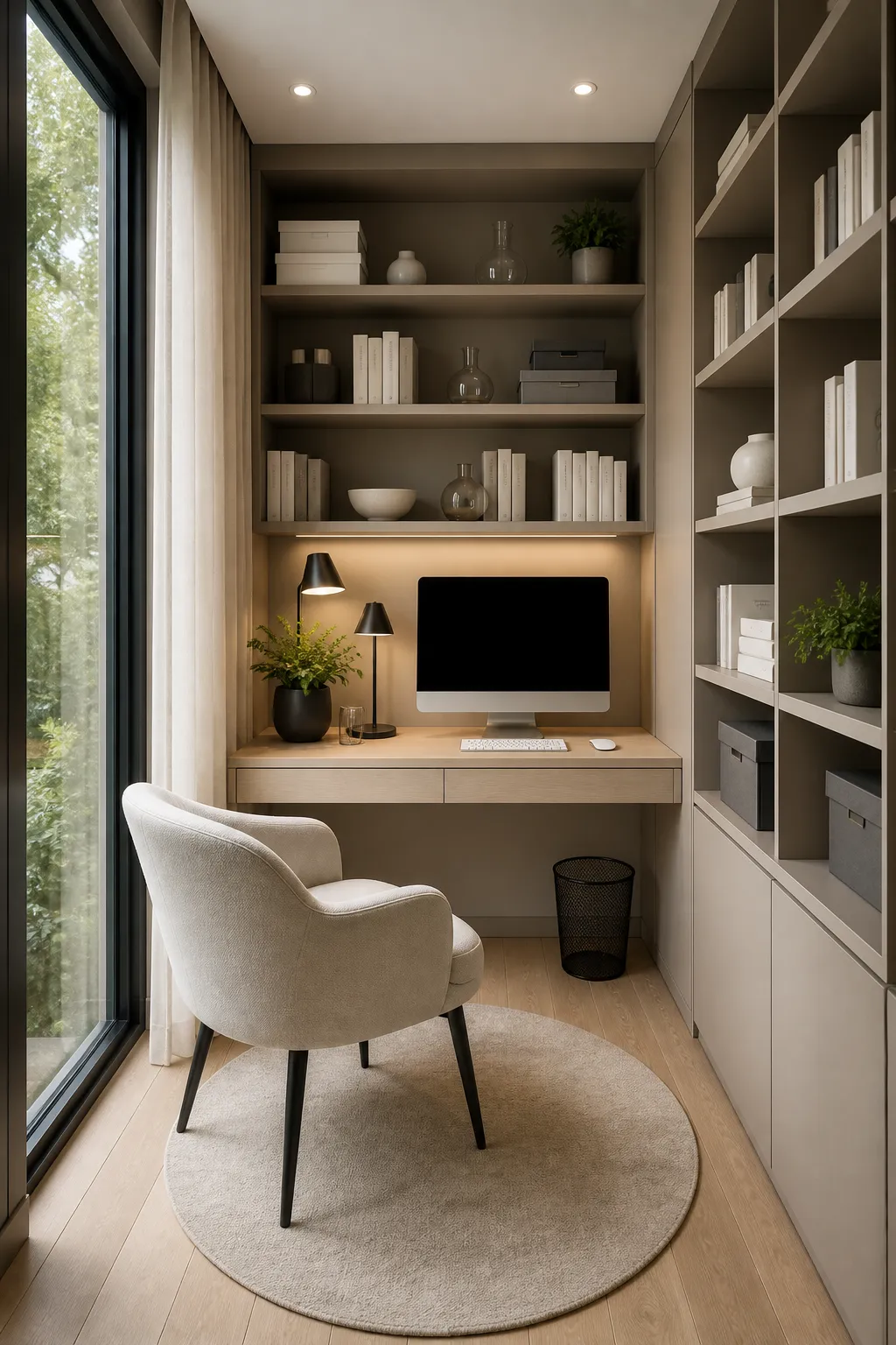 Narrow home office lined with floor-to-ceiling bookshelves